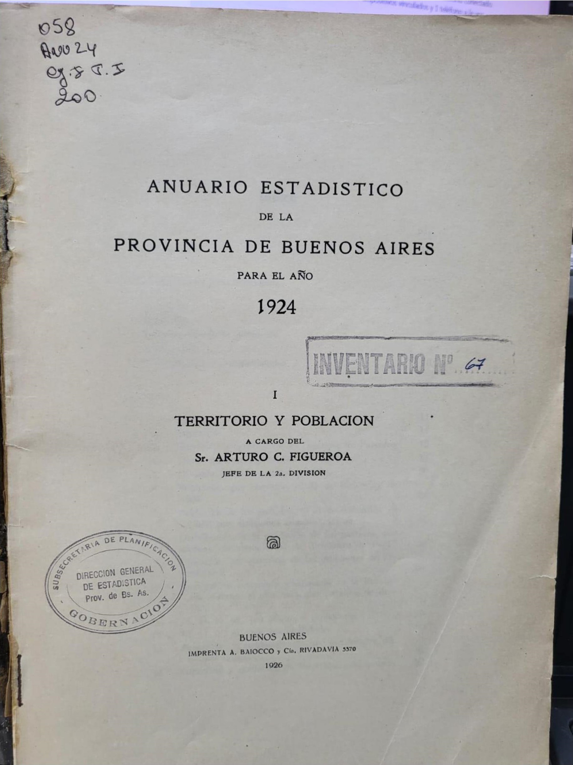 Anuario Estadístico de la Provincia de Buenos Aires para el año 1924. Territorio y Población. I