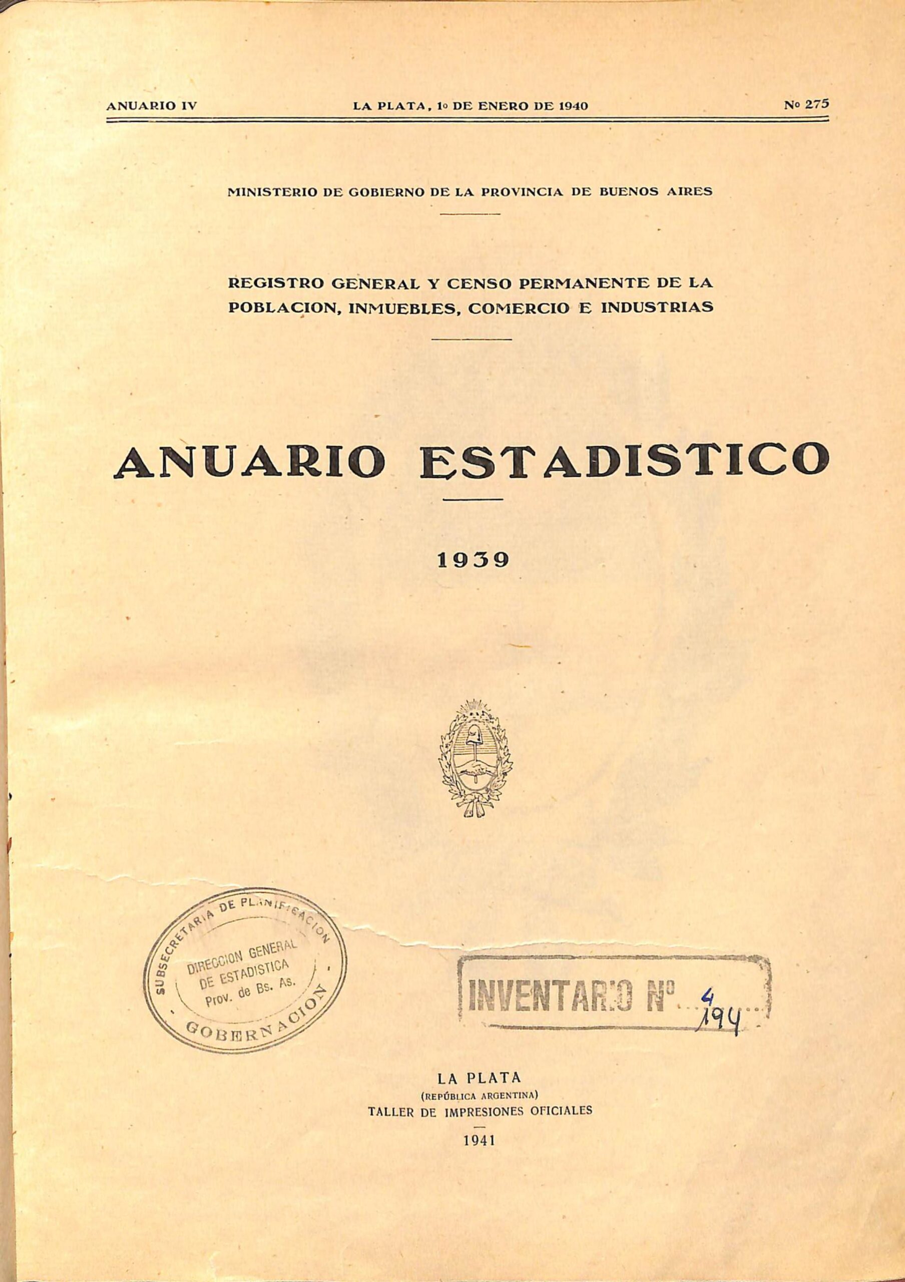 Anuario Estadístico Año 1939. Registro General y Censo de la Población.