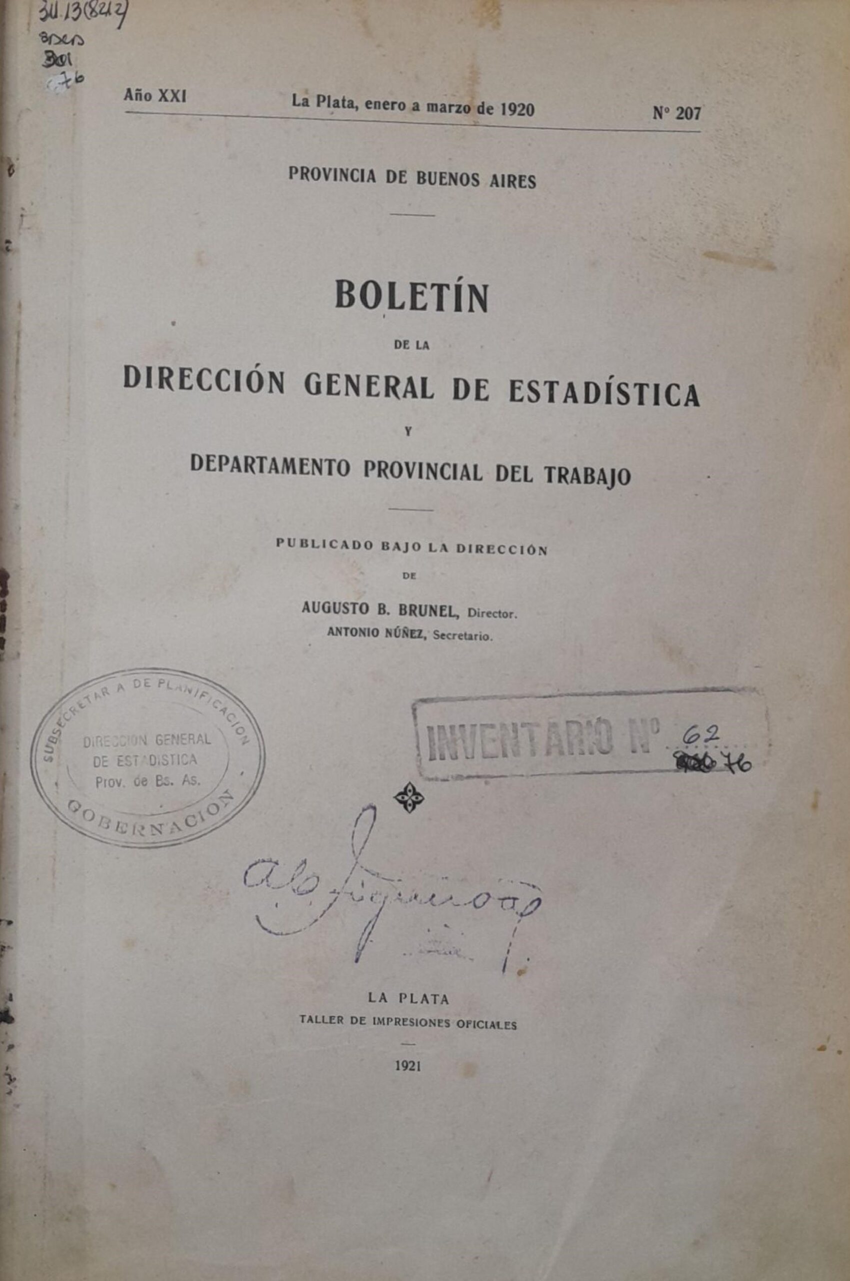 Boletín de la Dirección General de Estadística. Departamento Provincial del Trabajo. Año 1920.