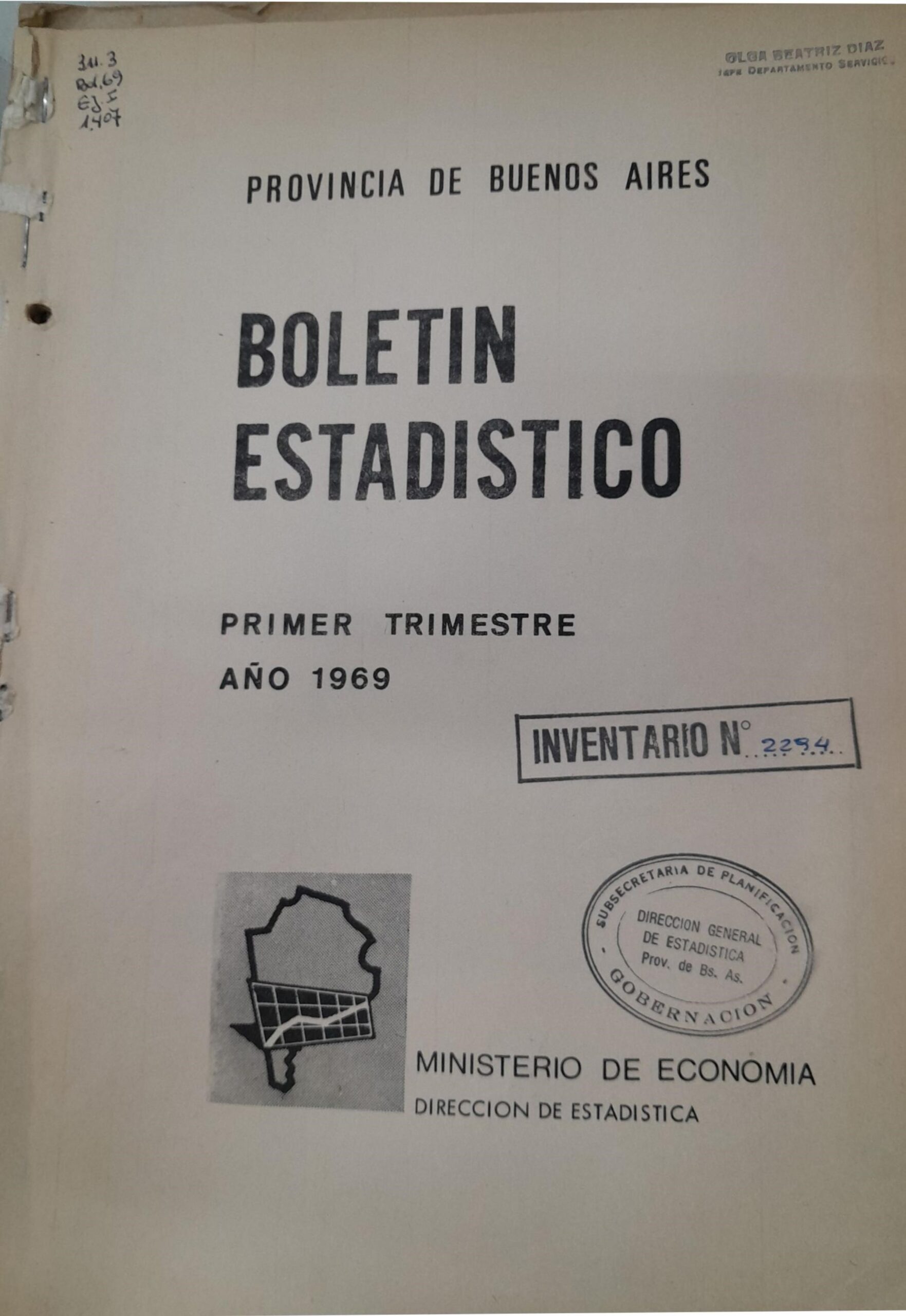 Provincia de Buenos Aires. Boletín Estadístico .Primer trimestre. Año 1969.