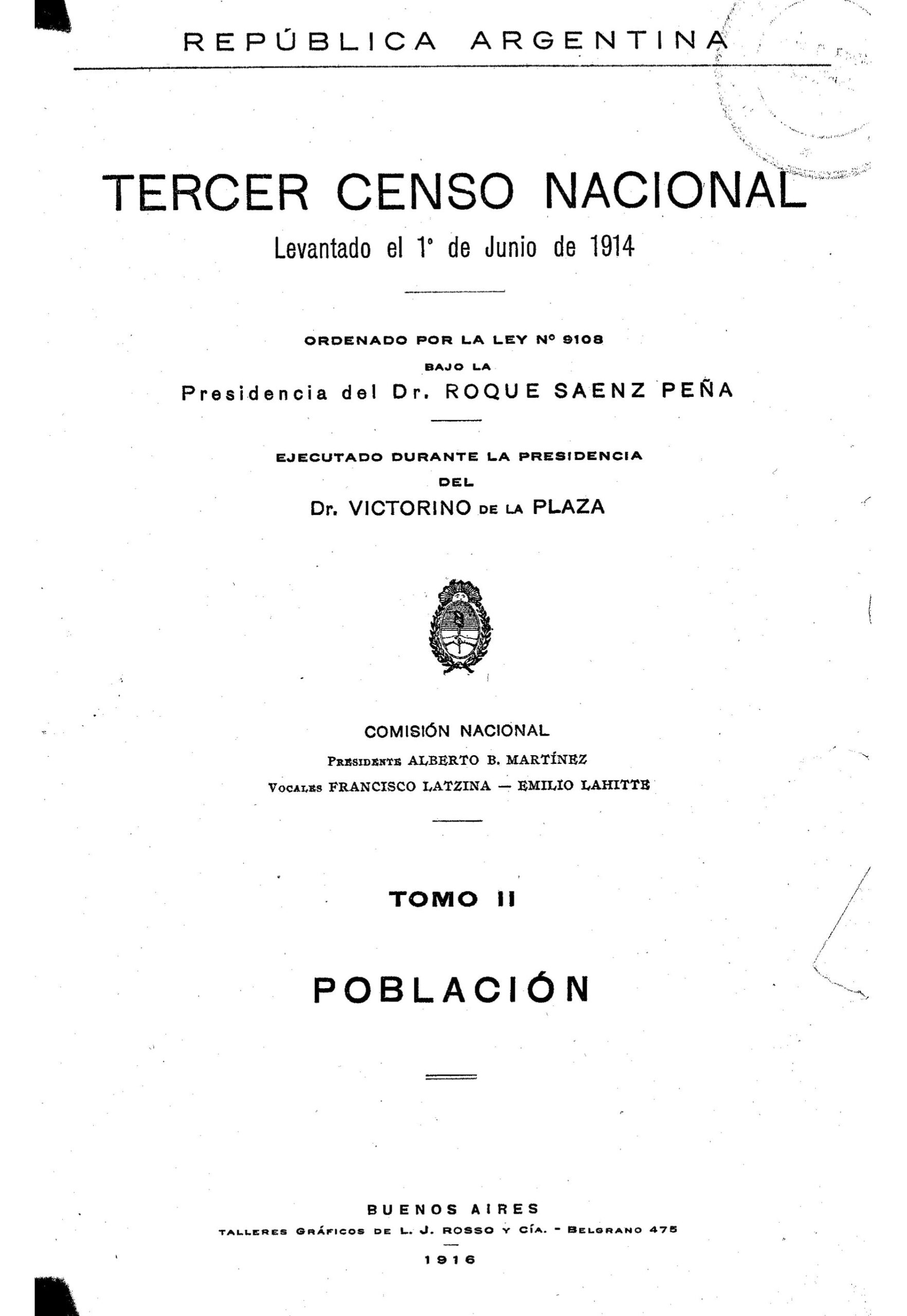 Tercer Censo Nacional 1914 Tomo II. Población