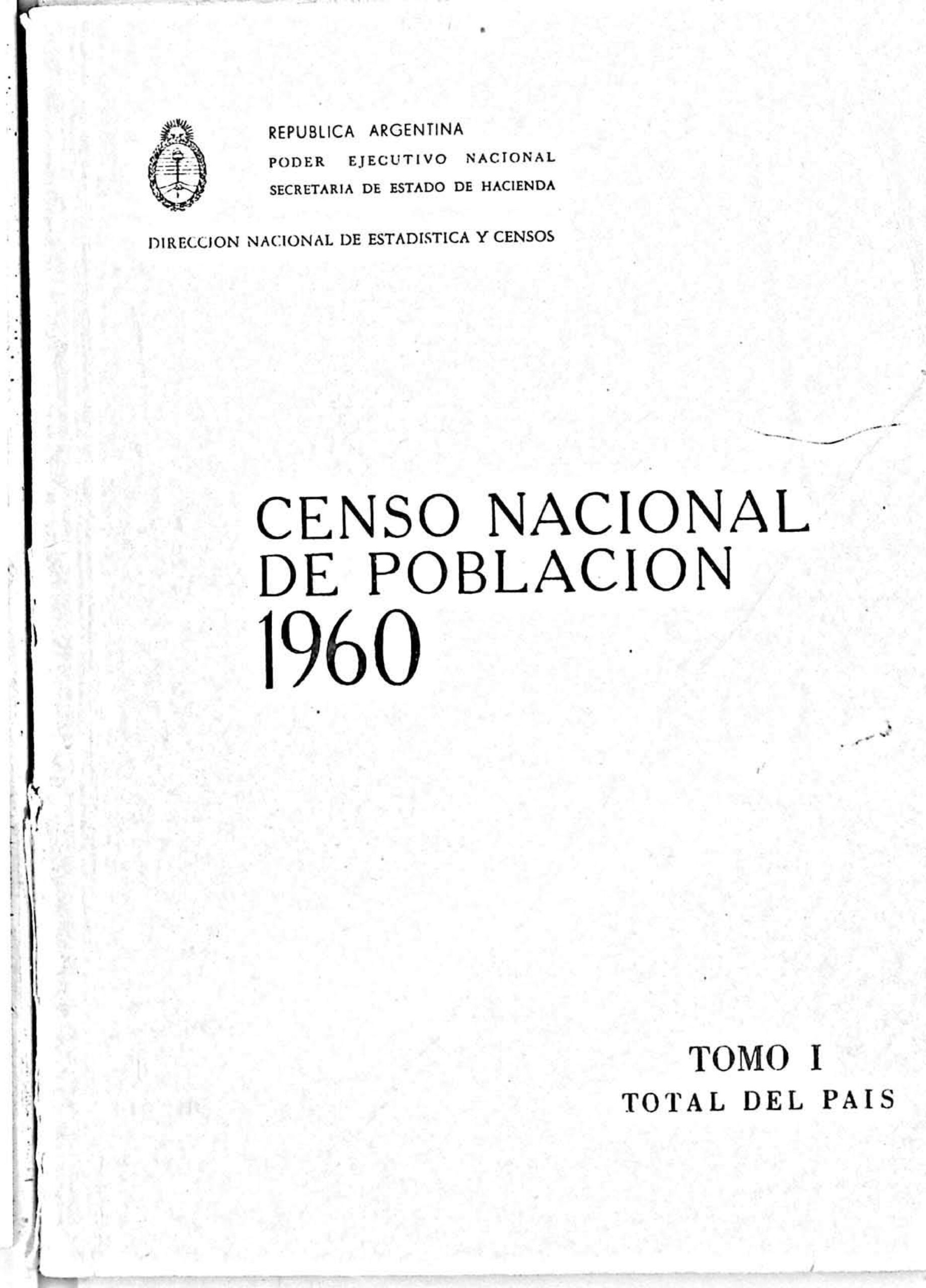 Censo Nacional 1960. Total País. Tomo I