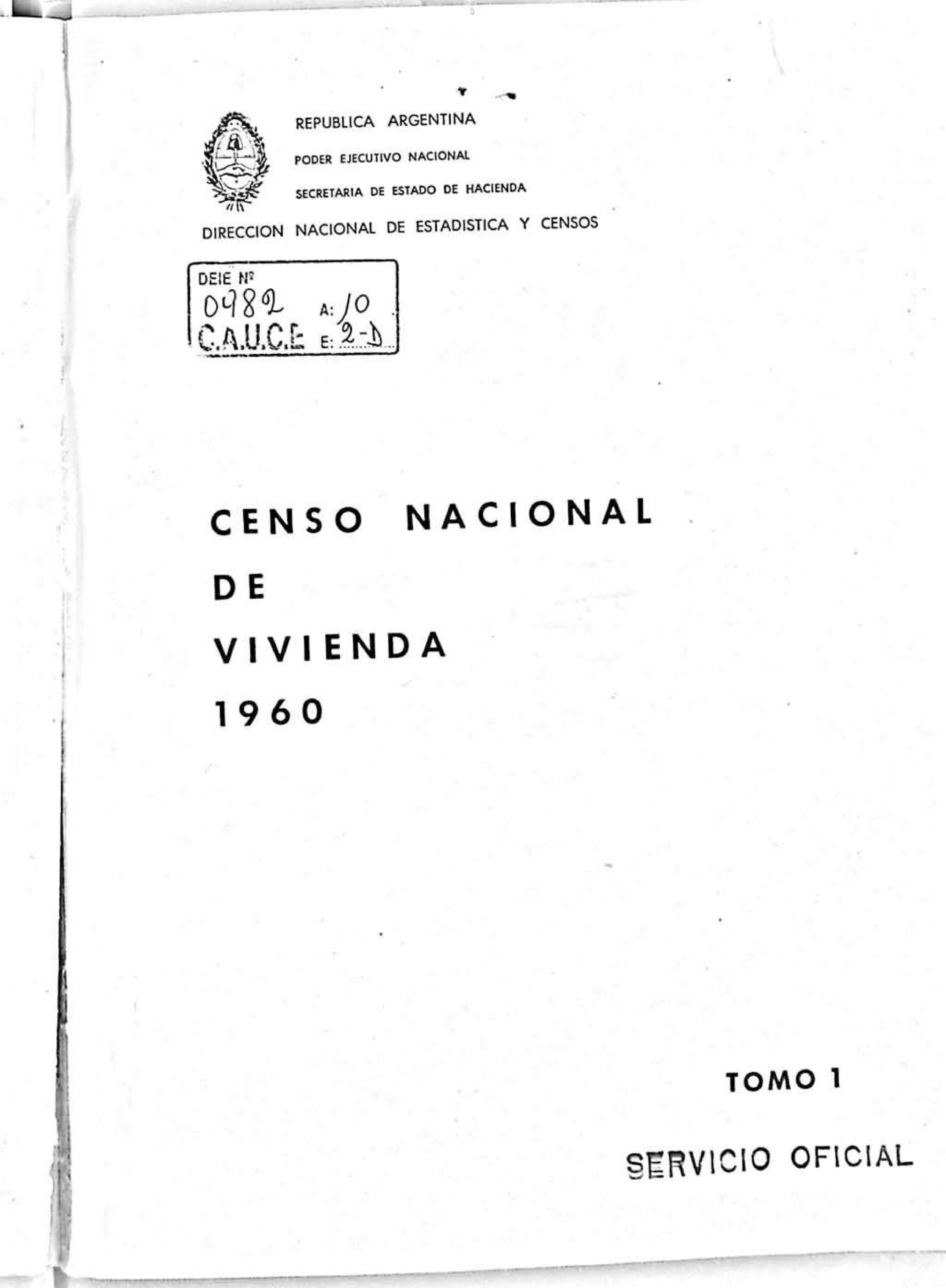 Censo Nacional de Vivienda 1960 Tomo I