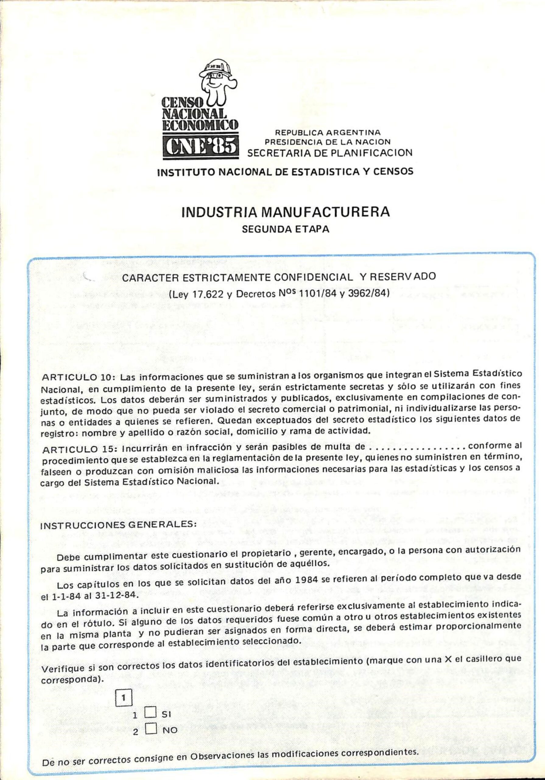Censo Nacional 1985 Económico Formularios III