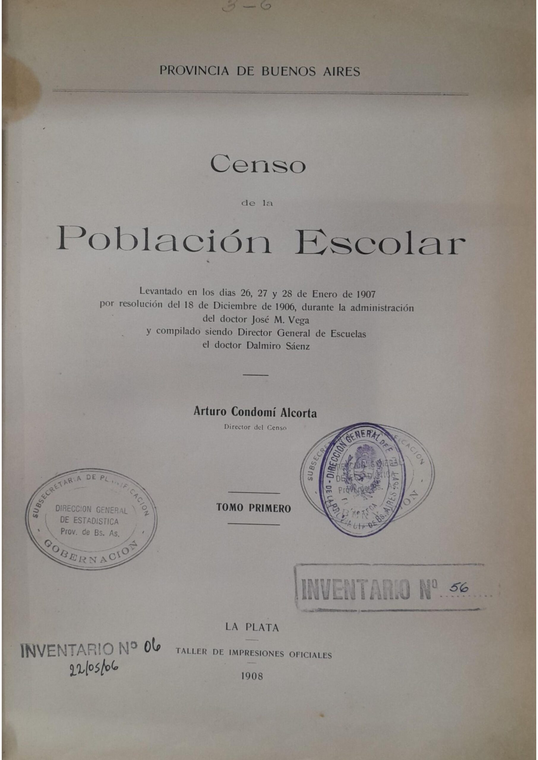 Censo de la Población Escolar. Tomo I. Año 1907